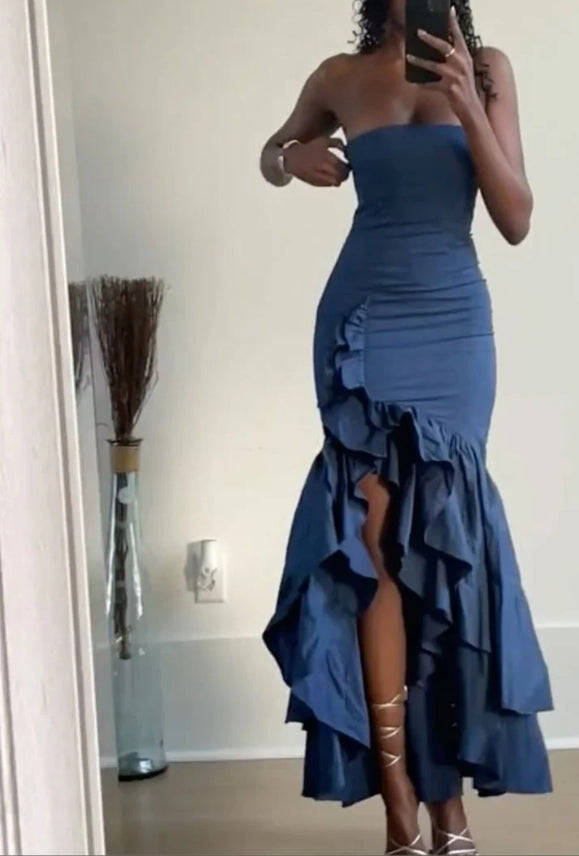 Vestidos de fiesta formales de sirena sin tirantes, de corte alto y bajo